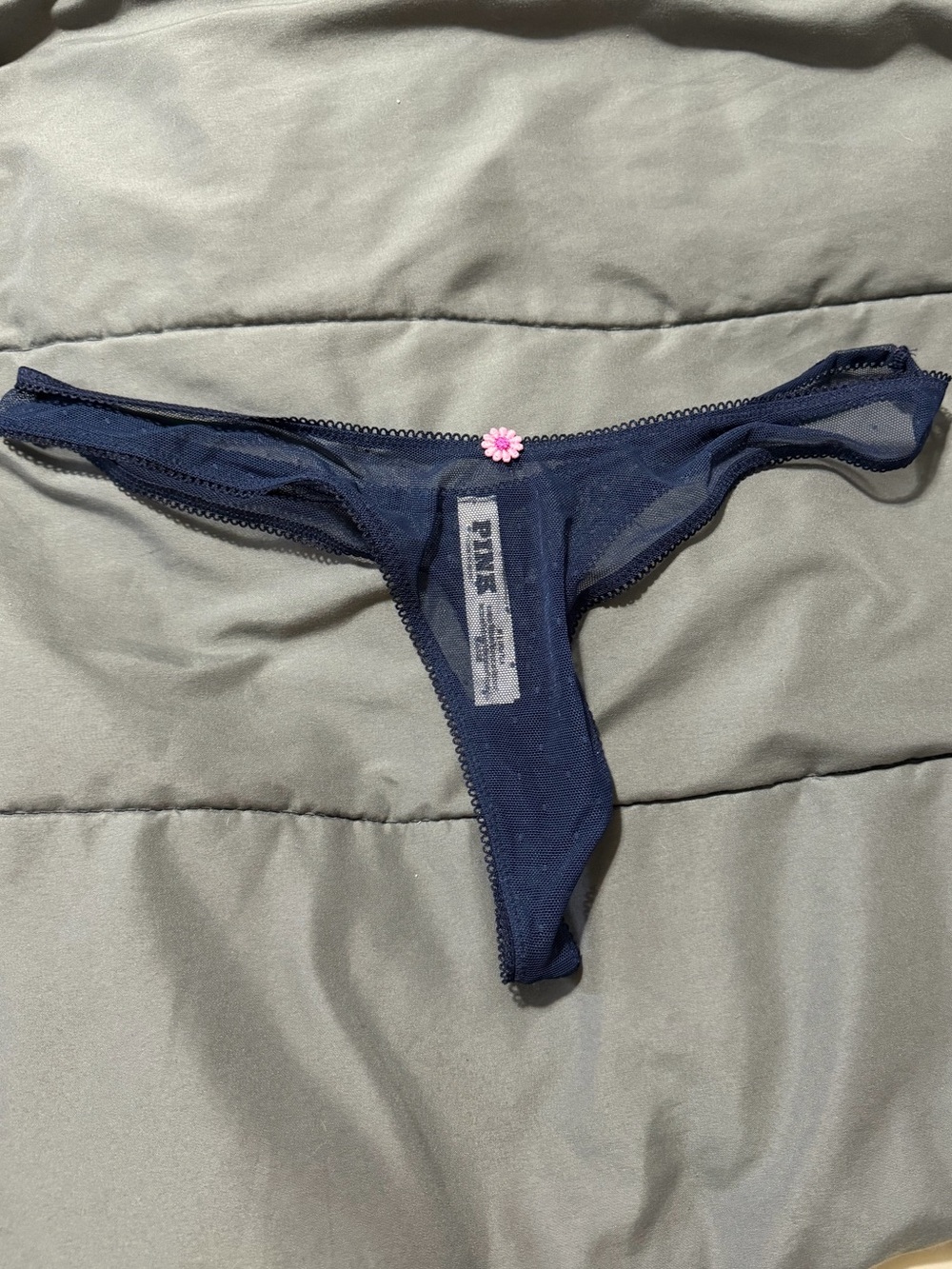 PINK Victoria's Secret Navy Mesh Thong with Pink Flower Accent